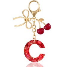 Red Resin Initial Keychain with Cherry  Bow - Cute Purse, Handbag, Backpacks...