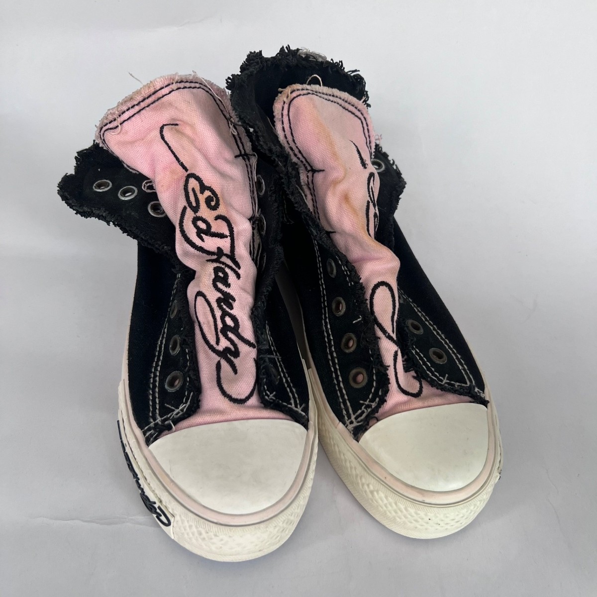 Vintage Ed Hardy Skull High-Top Sneakers Black Pink Y2K Distressed