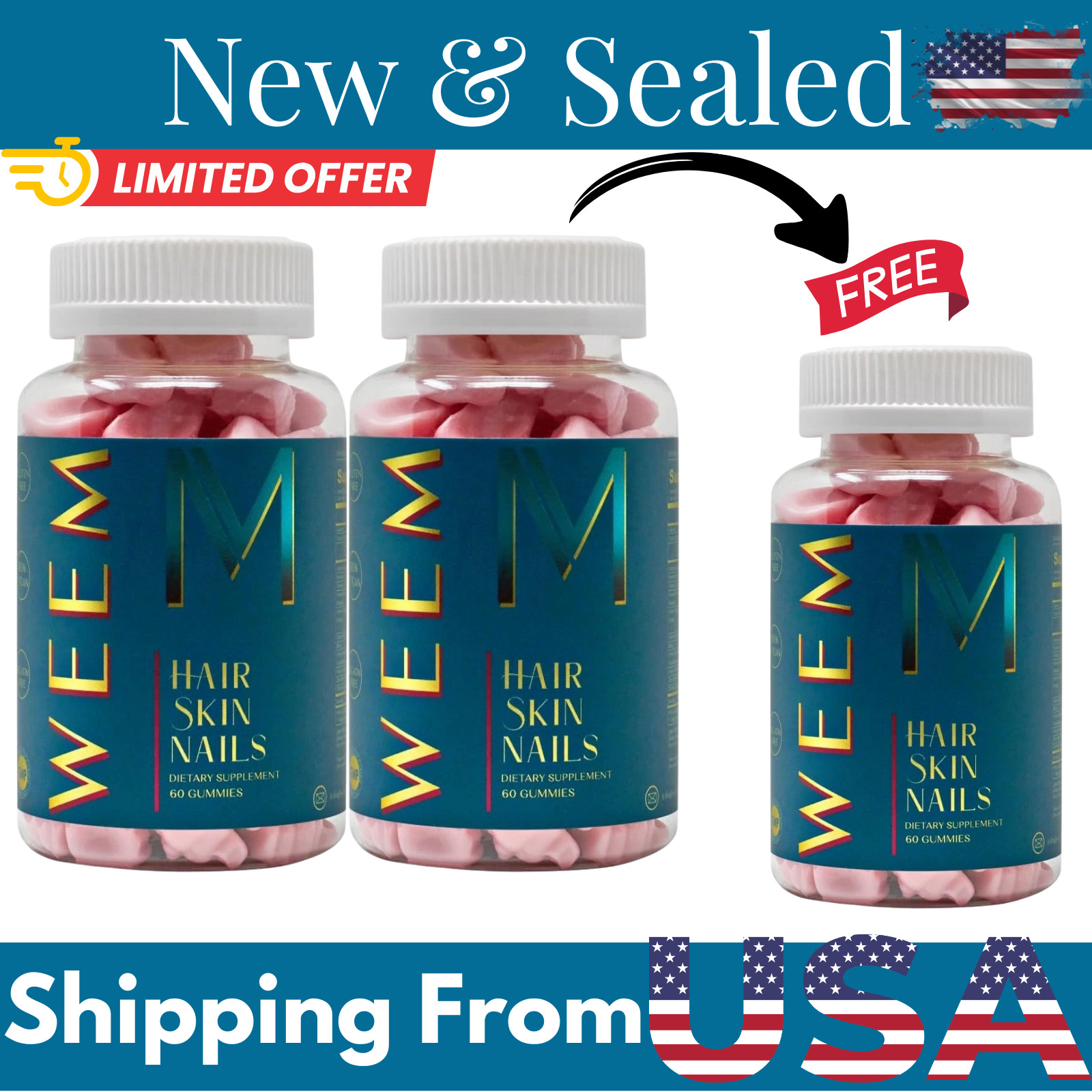 WEEM Hair Skin and Nails Gummies, Vegan biotin Vitamins, Healthy Hair- Pack of 3