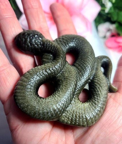 Large 3.5" Year Of The Snake Gold Sheen Black Obsidian Stone Crystal Carving - Picture 7 of 17