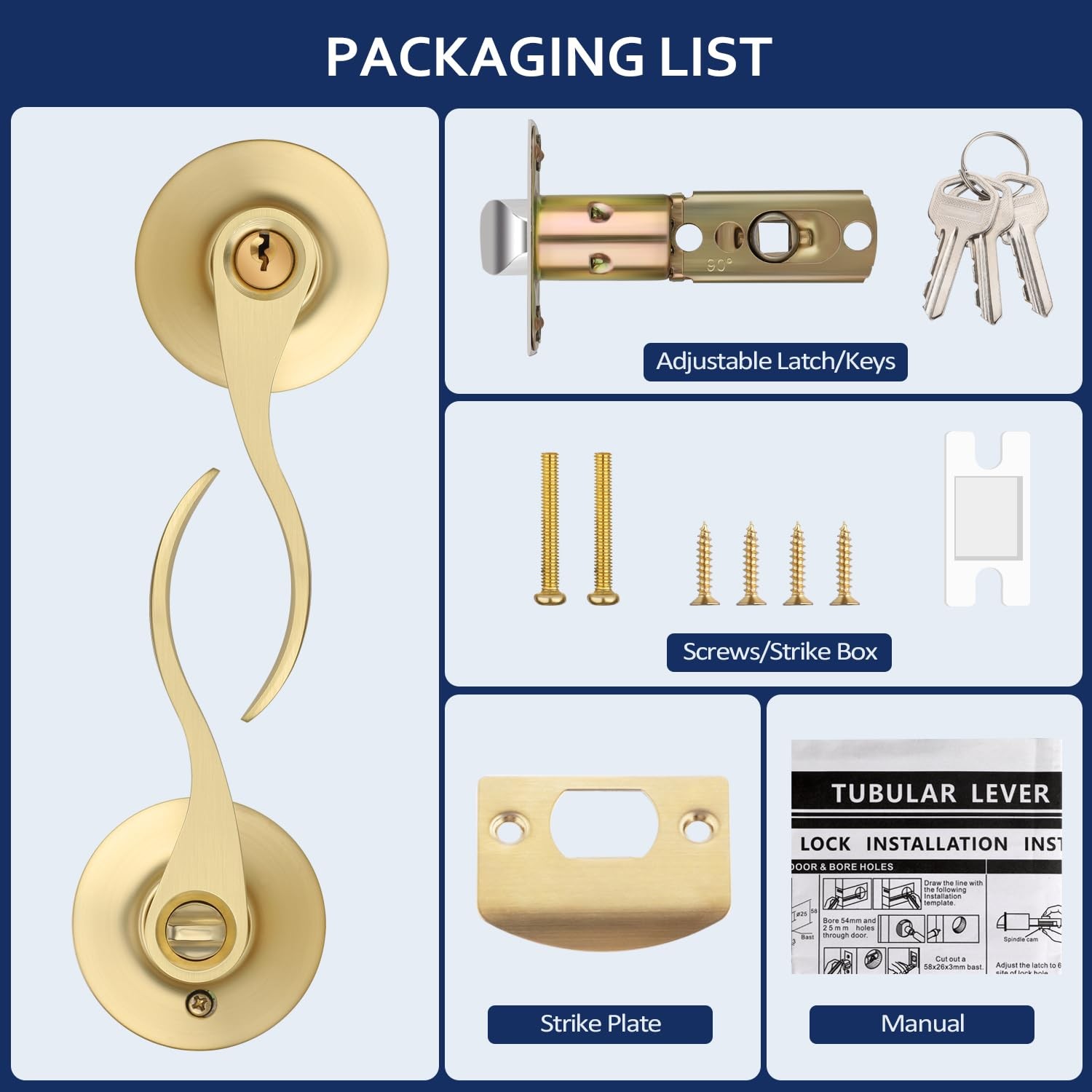 1 Pack Gold Door Handles Keyed Alike Entry Door Handle with Lock and Key Bras