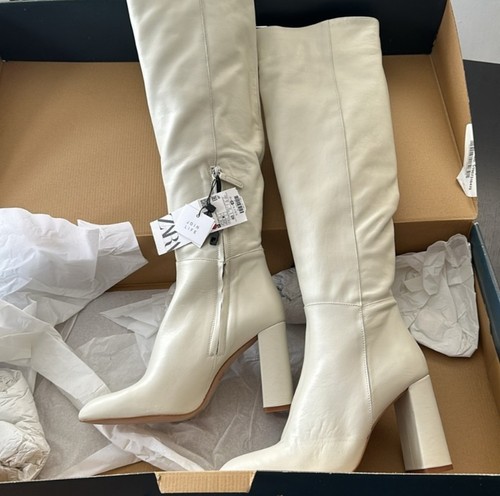 ZARA NEU Ecru Off White Tall Leather Knee High Slouch Boots 6006/001 US 9 EU 40 - Bild 10 von 15