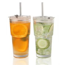 2 Pack 600ml Stripe Glass With Lid And Straw Ice Coffee Mug Tea Cup Milk Water