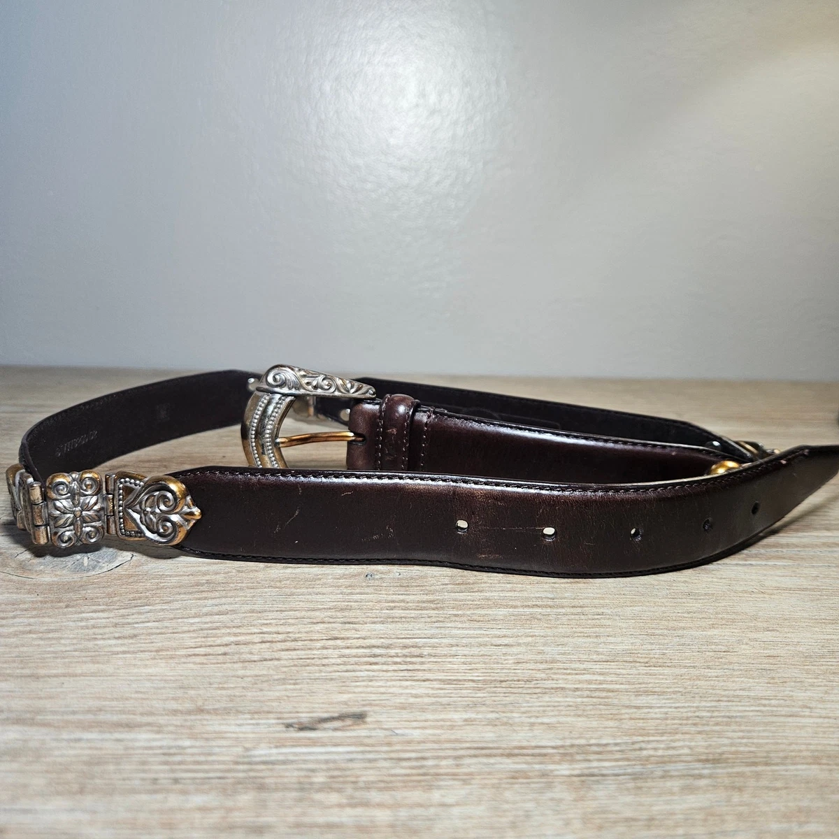 90s Brown Woven Starburst Studded Western Large Silver Buckle Belt Size Small ROUND STUDDED Statement Belt • Size: Freesize up to 33  main image 3