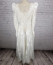 VTG Bonny Satin Embroidered Beaded Bow Long Puff Sleeve Wedding Dress Gown 12