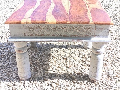 CARVED RECLAIMED LIGHTLY DISTRESSED SOLID ROSEWOOD COMPACT COFFEE TABLE GREY F&B - Picture 4 of 4