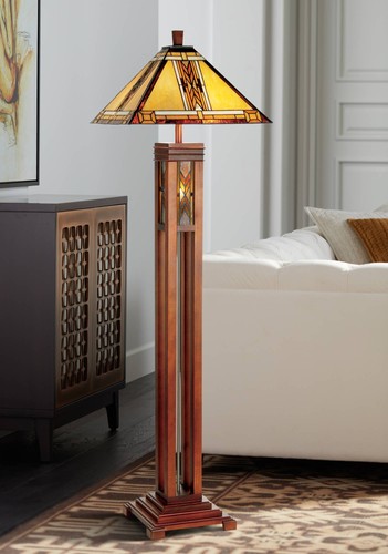 Mission Tiffany Style Floor Lamp 62 1/2" Tall Wood Column Nightlight for Bedroom - Picture 1 of 7