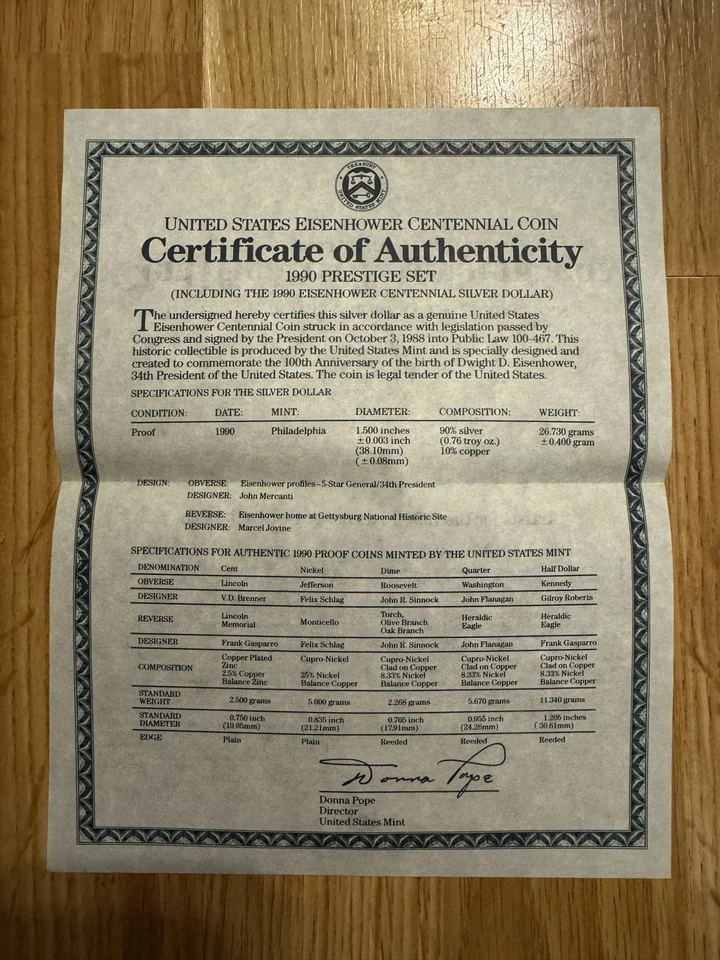 1990-S US Mint Prestige Proof Set Eisenhower Silver Dollar Box & COA 6 Coins - Image 2 of 4
