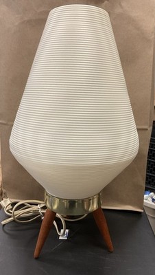 Vintage Mid Century Plastic Beehive Shade With Wood Tripod Legs Table Lamp MCM