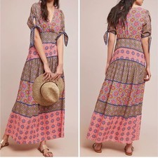 Maeve Anthropologie Boho Tiered Maxi Dress Eder Multicolor Paisley Print Size 2P