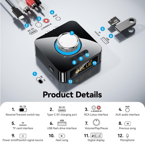 Ricevitore Bluetooth, 5.4 Hifi Ricevitore Audio Bluetooth Con 3.5Mm AUX/RCA/USB/ - Foto 3 di 12