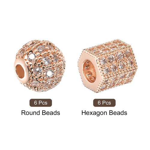 Rhinestone Charm Spacer Beads, 12Pcs 8mm Round & Hexagon Beads (Rose Gold) - Picture 3 of 7