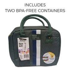 Fit & Fresh Lunch Tote Insulated Bag Green Stripe w/ 2 1L Containers For Women 