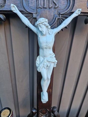 Antique XL 31.6" Wood carved fleur de lys crucifix cross chalk corpus christi - Bild 9 von 9