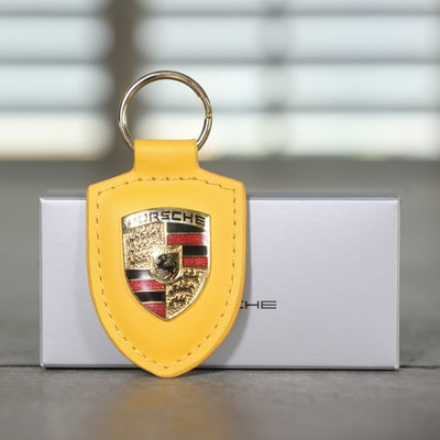 Genuine Porsche Leather Crest Key Ring FOB Chain Yellow WAP0500950E NIB