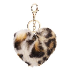 Pom Pom Keychain, 10 cm Soft Cute Fluffy Heart Key Ring, Leopard 69 Light Yellow