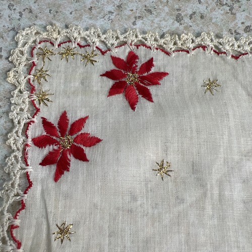Vintage Weihnachten Taschentuch Weihnachtsstern Goldfaden Sterne Tatting 11" x 11" - Bild 4 von 7