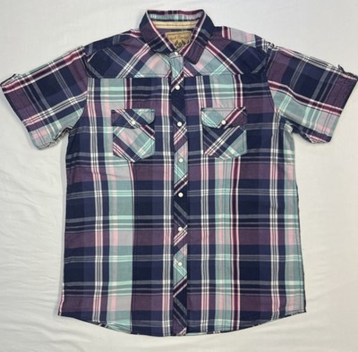 Red Camel Men s Large Multicolor Purple Blue Plaid Short Sleeve Button Up Shirt