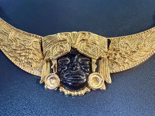 Vintage Necklace Salvador Teran Mexico Aztec Face 24K Gold Plate (CJ-A3-1-8) - Picture 5 of 5