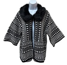 Chico's 2 Convertible Chunky Knit Faux Fur Cardigan Jacket Black Ivory Size L