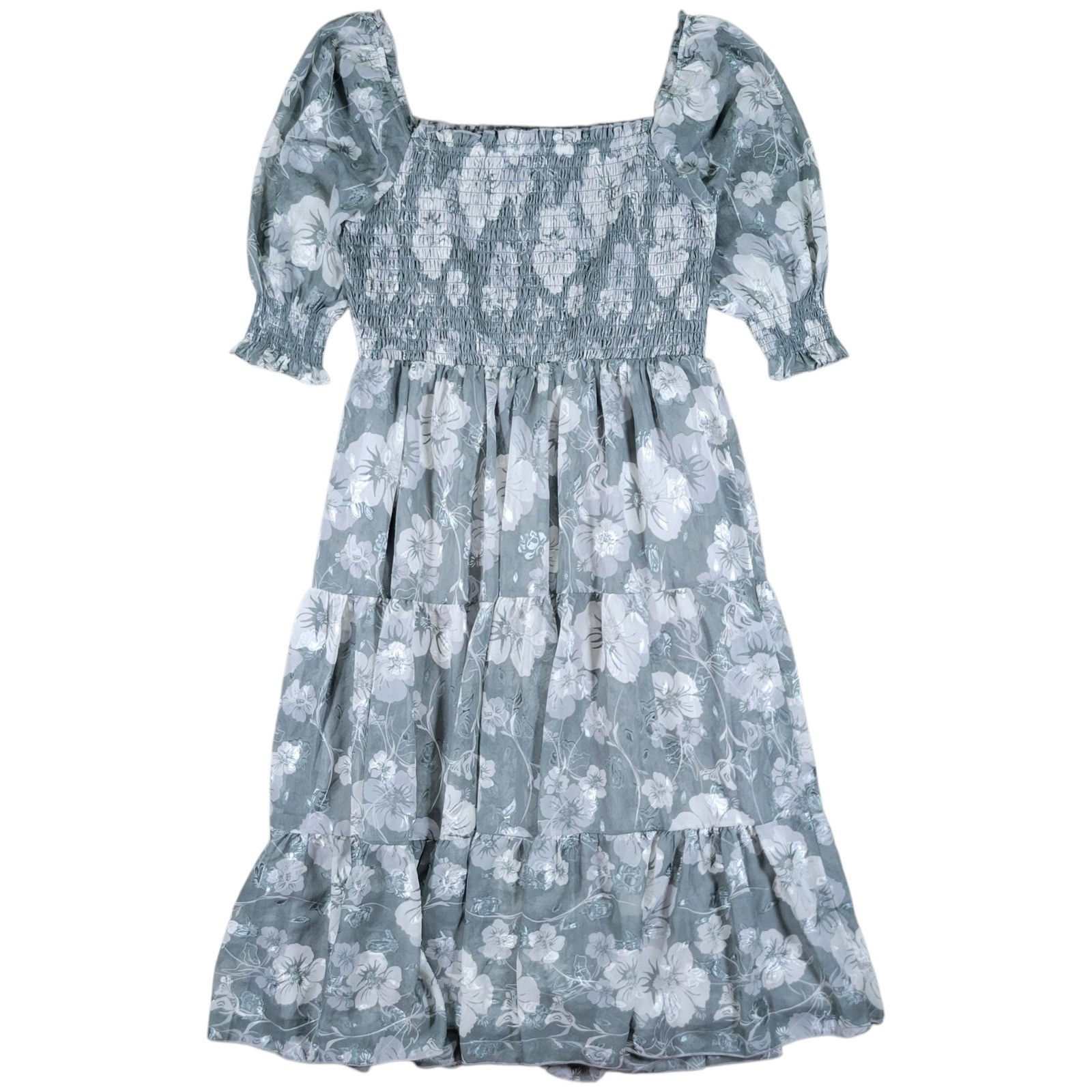 Baltic Born Smocked Midi Dress Womens 1XL Sage Floral Puff Sleeve Cottagecore