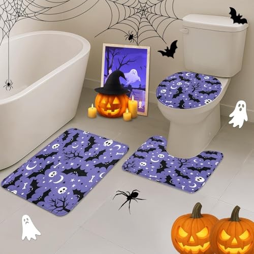4 Stück Halloween Sugar Skull Baum Duschvorhang Sets Lila Halloween Fledermaus Totenkopf - Bild 7 von 8