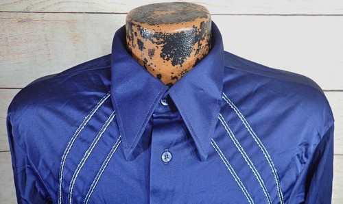 VTG 60s 70s Disco Shirt Navy Mens L Silver Thread Dagger Collar Rockabilly MCM - Picture 3 of 11