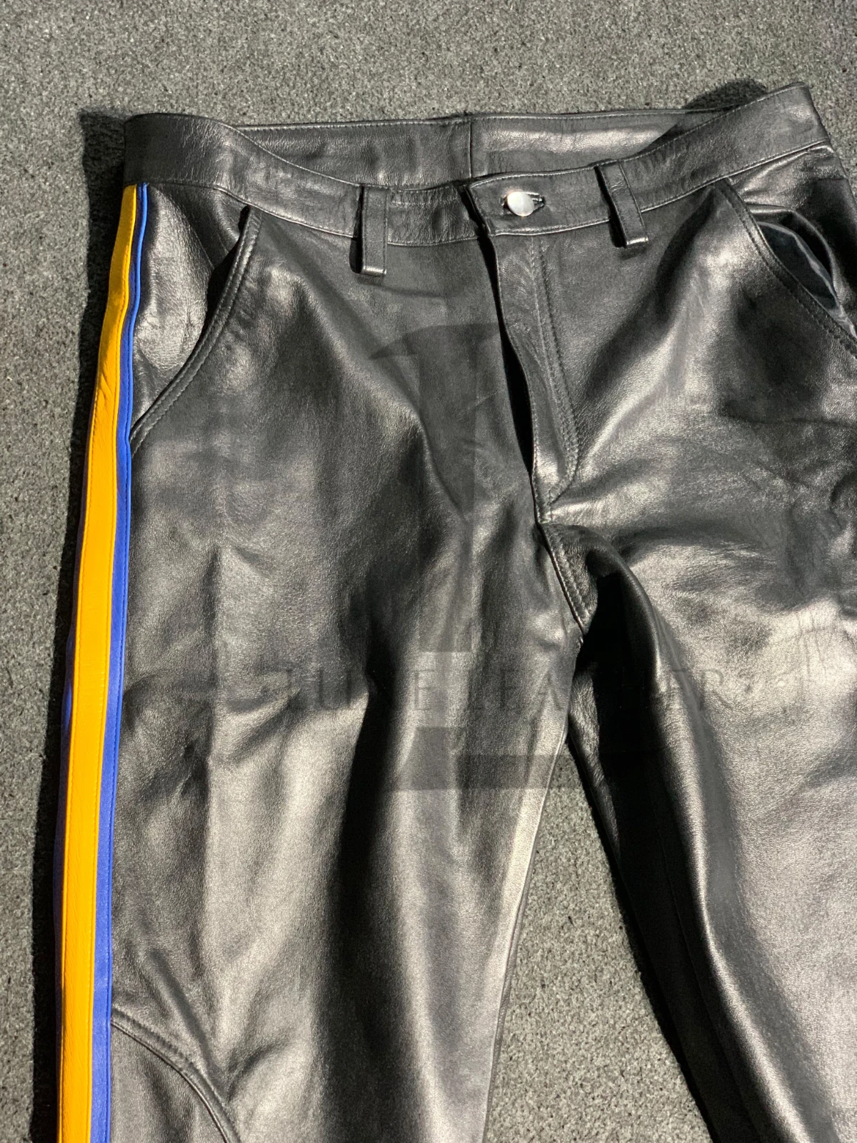 Men's Black Leather Pant Genuine Lambskin Leather Pant Yellow & Blue Lined Style