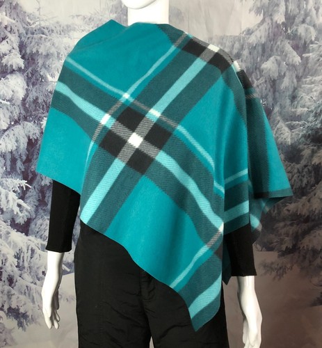 Teal turquoise plaid Open side poncho cover up shawl unisex boho pullover topper - Picture 1 of 10