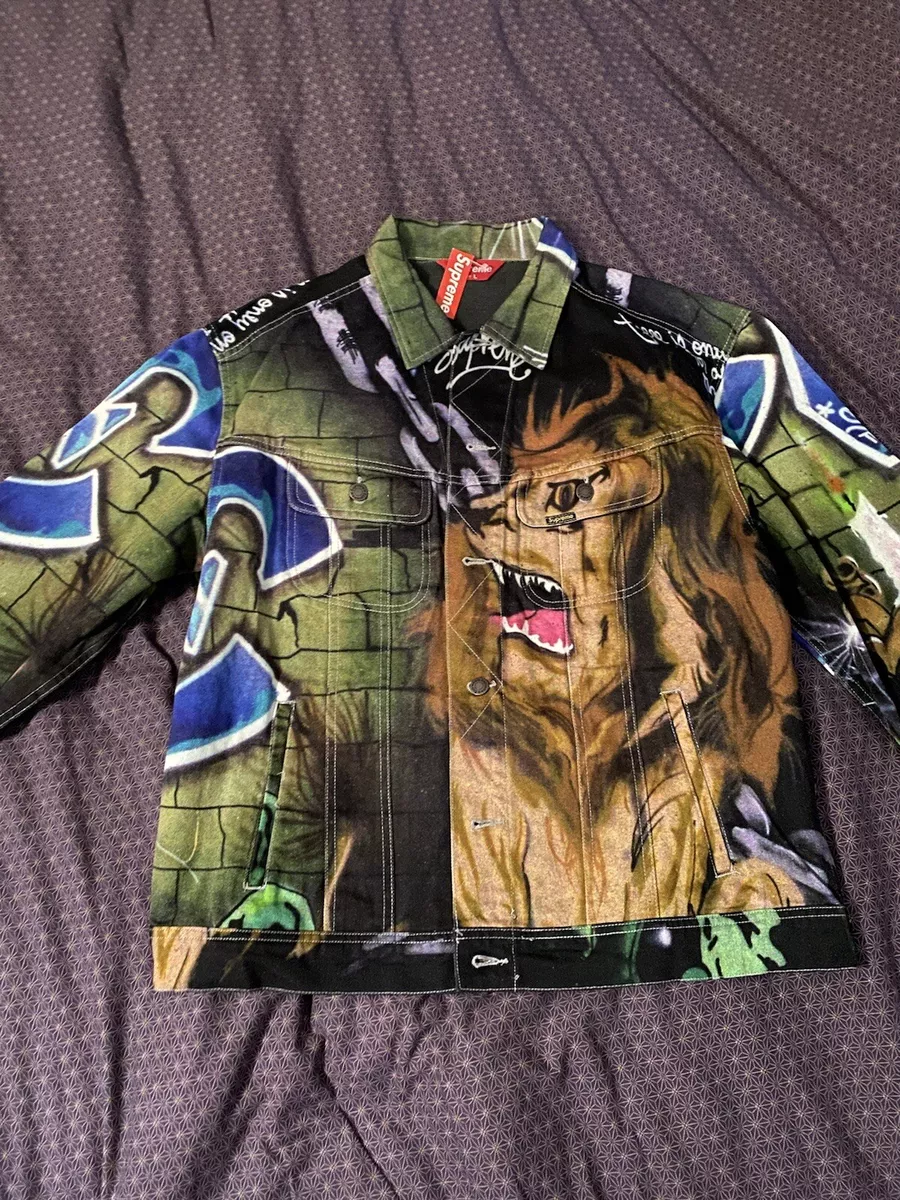 Authentic  SS Supreme Lions Den Denim Trucker Jacket Lee Quinones  Large