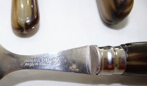MCM Jean Dubost Frankreich braun Zelluloid Bakelit Griff Edelstahl Besteck Set - Bild 3 von 3
