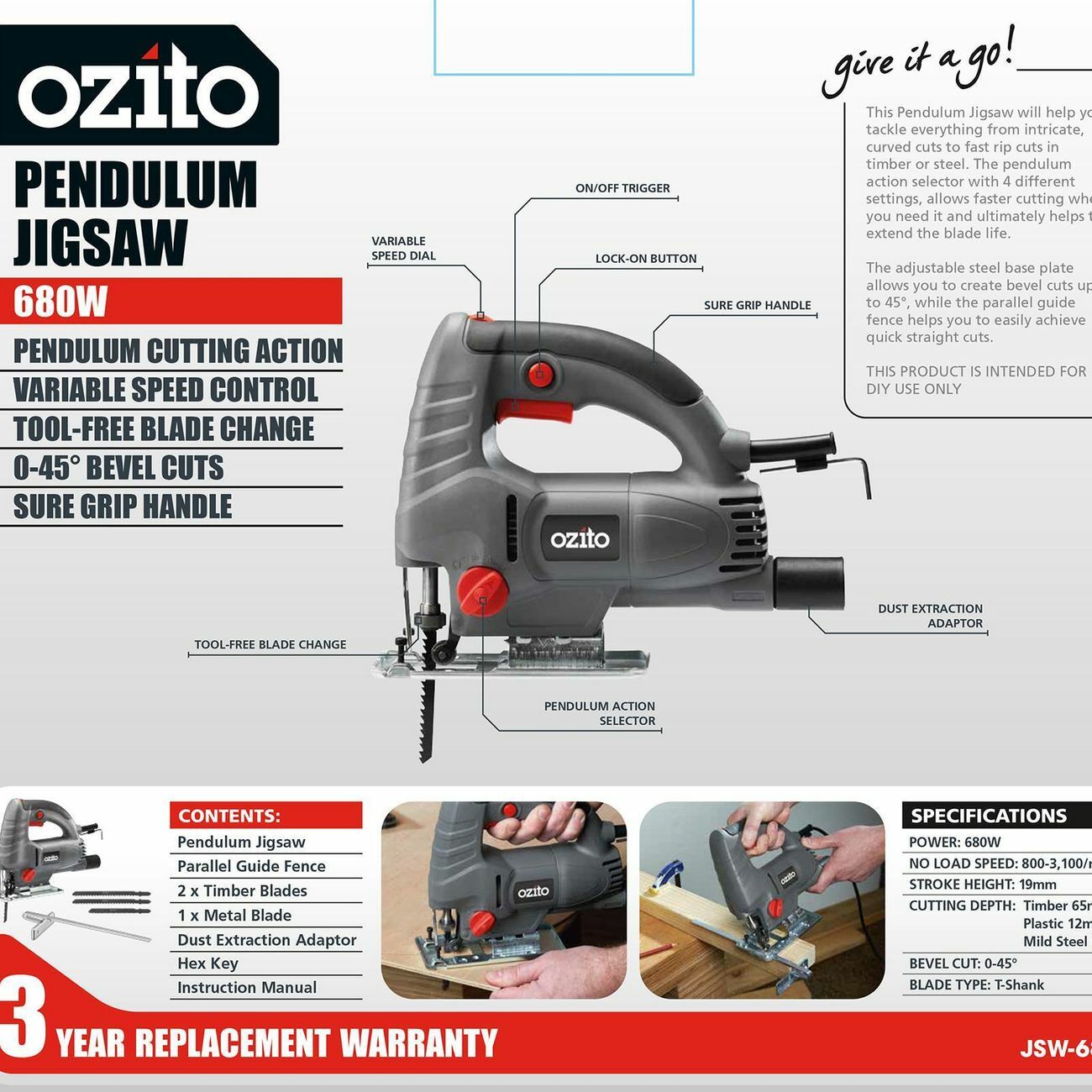 Ozito Pendulum Jigsaw 680W 3 Blades Variable Speed Control Cutting