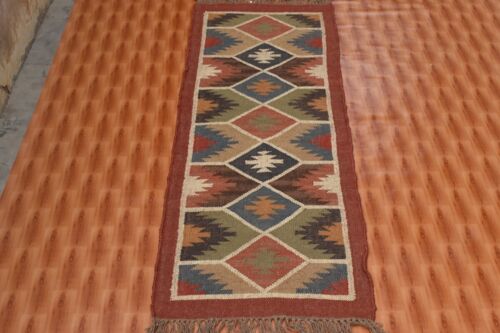 2x6 Multicolor Kilim Area Rug Jute Wool Hand-Woven Geometric Kitchen Rug - Picture 2 of 6