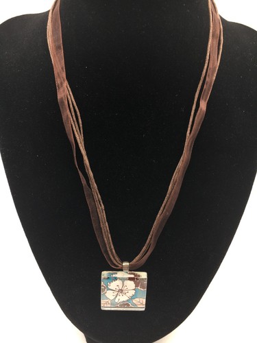 Cord & Ribbon Necklace 19" Glass/Acrylic Floral Tile Lobster Claw Clasp Jewelry - Picture 5 of 11