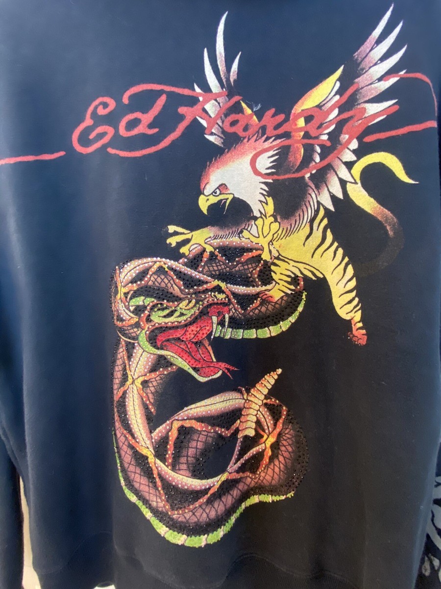 RARE Vintage Ed Hardy Designs Hoodie Snakes Eagles Lions Aop