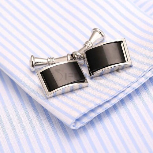 Stylish Mens Business Wedding Cufflinks Black Onyx Rectangle Silver Cuff Links - Picture 9 of 10