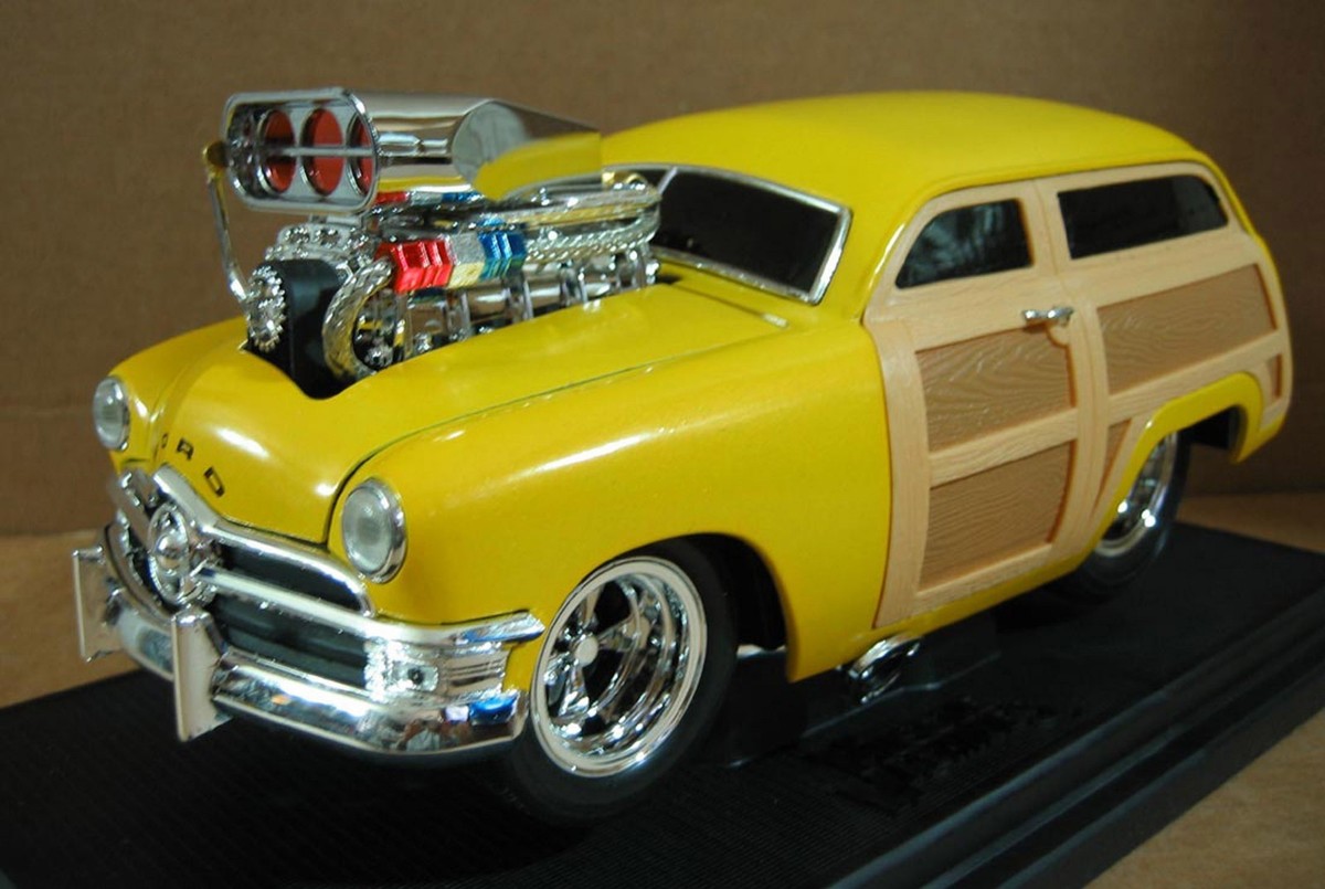 Muscle Machines 1950 Ford Woody Yellow Car Real Braided Steel Line
