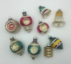 9-Vtg-Shiny-Brite-Mercury-Glass-Indent-Bumpy-Bell-Christmas-Lantern-Ornament-Lot