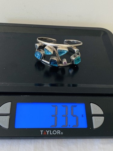 Brazalete Brazalete Vintage Modernista Plata Esterlina Vidrio Amatista Topacio Azul - Imagen 7 de 12
