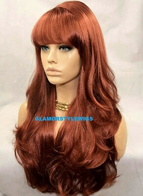 FULL WIG LONG LAYERED WAVY WITH BANGS BROWNISH AUBURN SIDE PART #T33.130 NWT