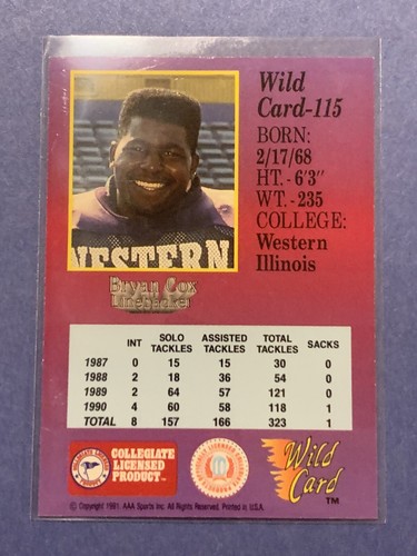1991 Classic Wild Card # 115 BRYAN COX ROOKIE RC Miami Dolphins W ILLINOIS - Picture 2 of 2