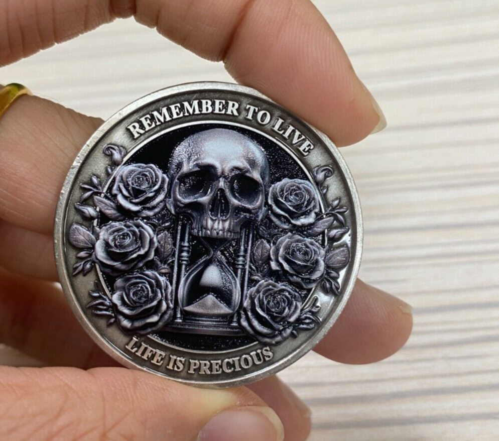 RYUKENLM Memento Mori Memento Vivere Moneda 3D de calavera Challenge