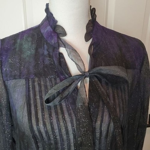 Camicia di seta Elie Tahari donna piccola nera viola trasparente collo metallizzato cravatta - Foto 7 di 14