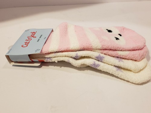 CAT & JACK Girls' 2-Pack Cozy Socks PINK/WHITE STRIPE FOX & WHITE/PURPLE STARS S - Picture 7 of 10