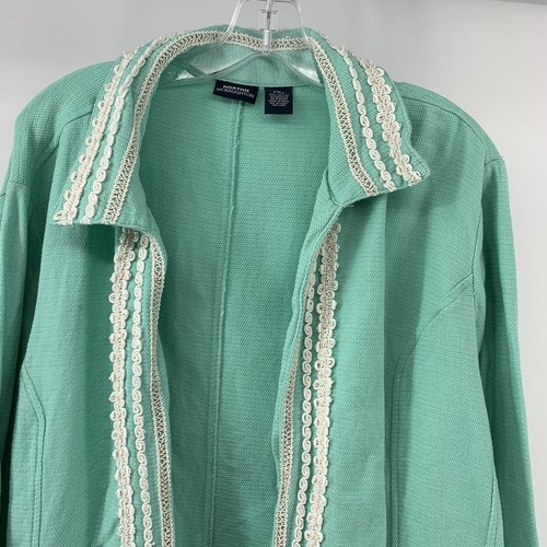 Norton McNaughton Womens Size XL Teal Blue Open Front Cotton Blazer White Piping - Picture 2 of 6