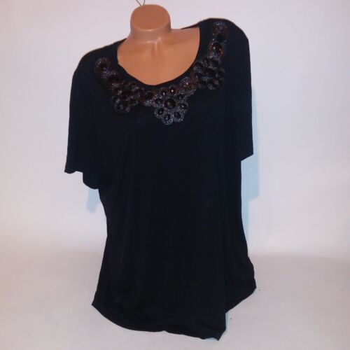 Fashion Bug Blouse Womens Plus Size 2X Black Beaded Bling Scoop Neck Short Sleev - Picture 2 of 9