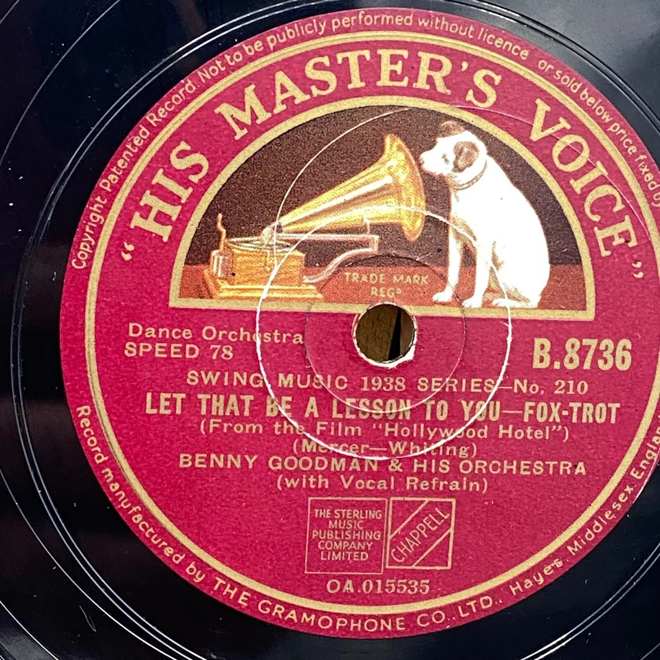 BENNY GOODMAN Let That Be A Lesson to You 78rpm HMV B. 8736 Vintage 1938 Jazz Foto 3 de 4