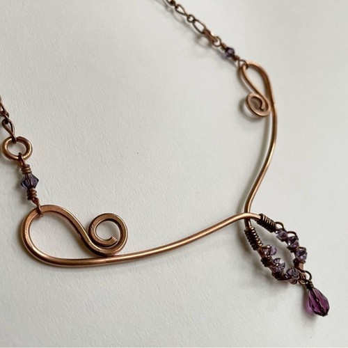 Handmade Copper Scroll Necklace Beaded Swarovski Crystals - Picture 8 of 13