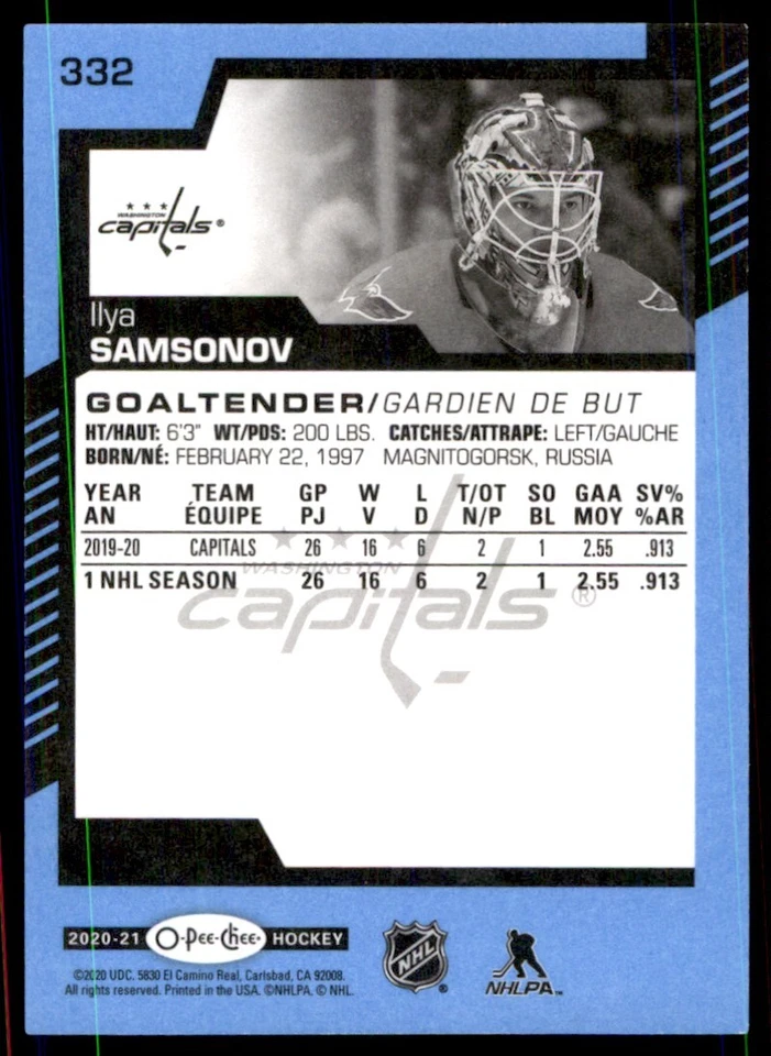 2020-21 O-Pee-Chee Blue Border Ilya Samsonov Washington Capitals #332 - Image 2 of 2