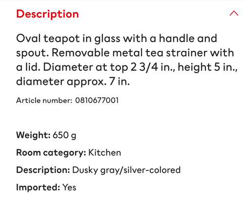H & M Home Glass Tea / Coffee Pot / Dusky Gray With Steel Infuser Insert - Picture 7 of 8